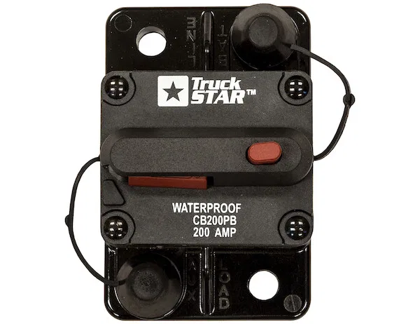 CB200PB – BUYERS PROD Circuit Breaker, 200 Amp Waterproof Black 42 Volt Max Brass Studs Manual Push-To-Trip Reset Sin...